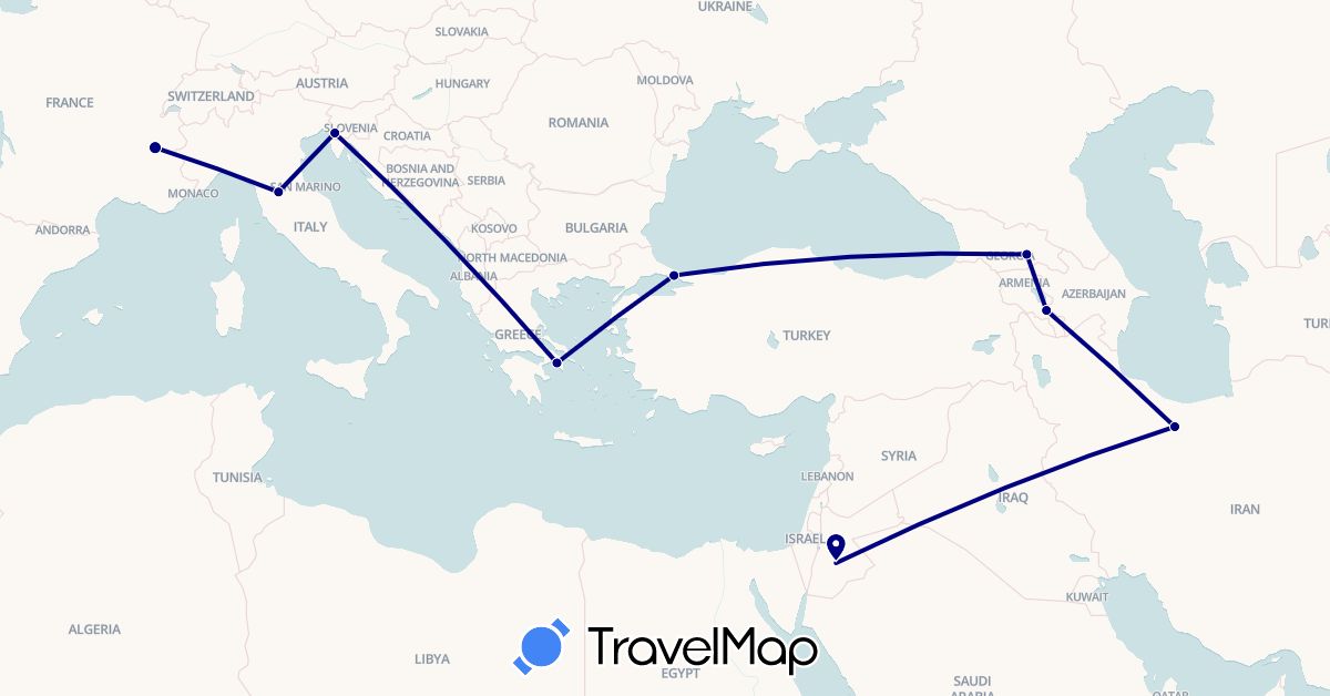 TravelMap itinerary: driving in Armenia, France, Georgia, Greece, Iran, Italy, Jordan, Turkey (Asia, Europe)